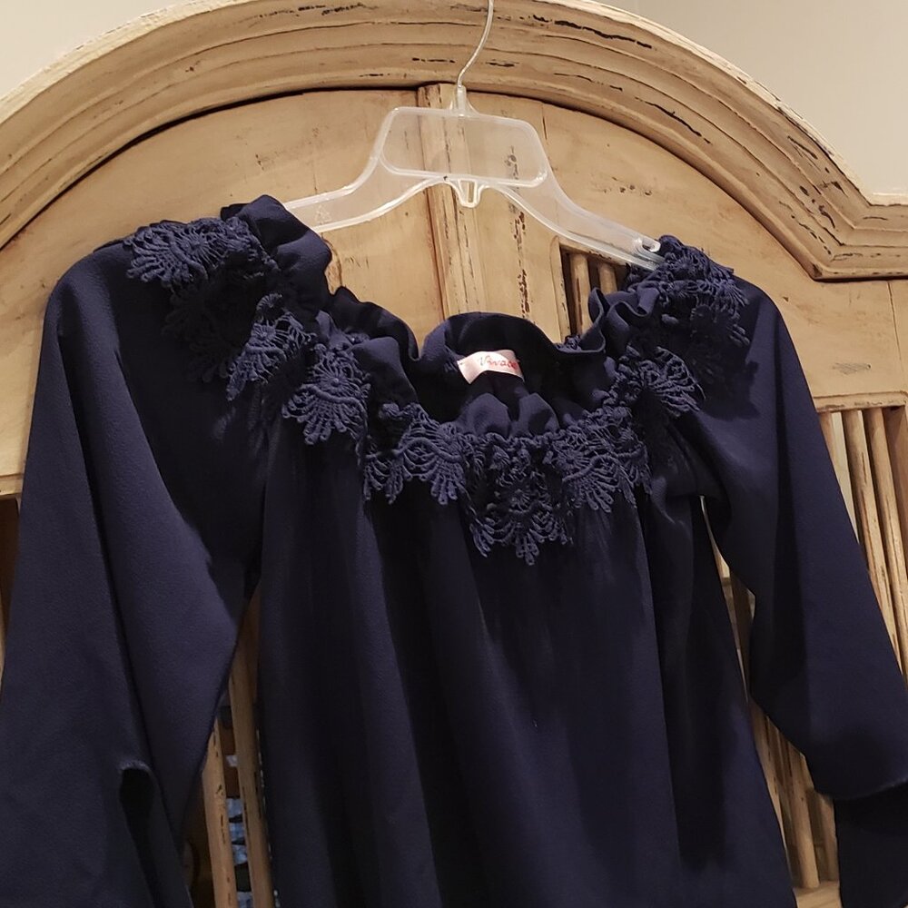 Vivace Navy Blue Off the Shoulder Blouse with Lace Border